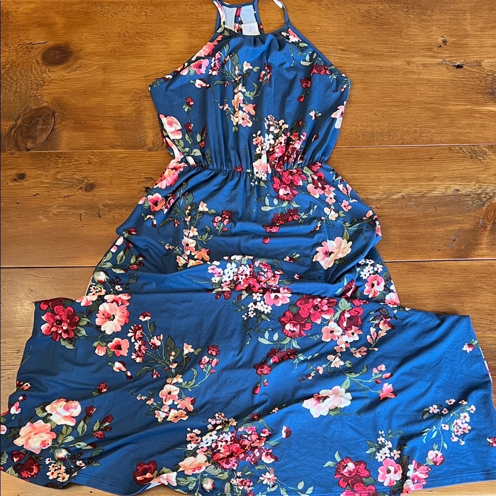 French Grey Maxi Dress with Floral Design in Blue and Pink